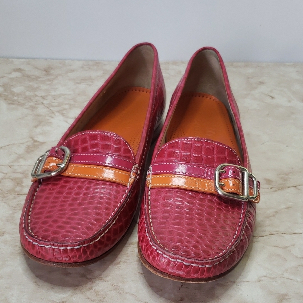 Cole Haan Pink & Orange Croc-Embossed Leather Loafers - Picture 2 of 7